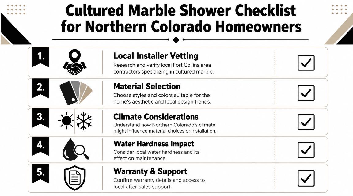 A checklist for Northern Colorado homeowners planning a cultured marble shower installation and renovation project.