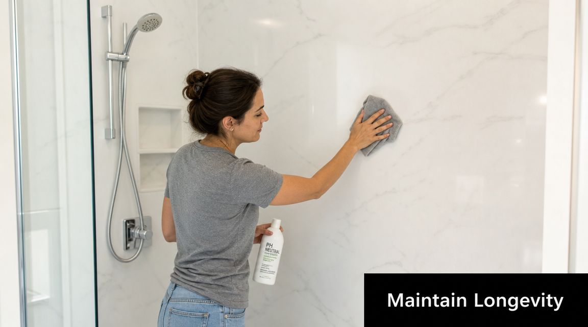 A woman cleaning a cultured marble shower wall with a soft cloth and neutral cleaner.