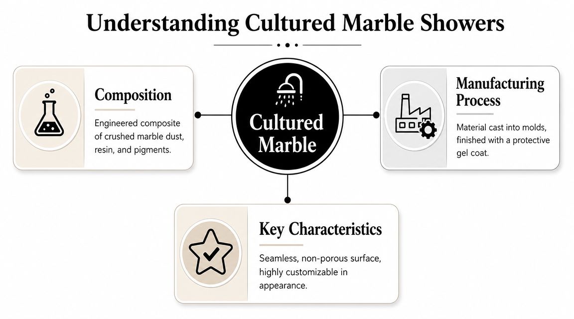 A diagram explaining cultured marble showers, highlighting their composition, manufacturing process, and key characteristics with icons.