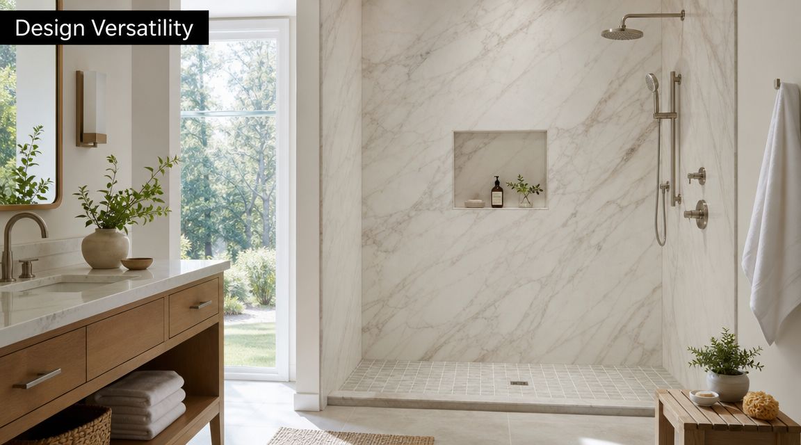 A modern bathroom featuring a cultured marble shower enclosure with a rain shower head and wooden vanity.