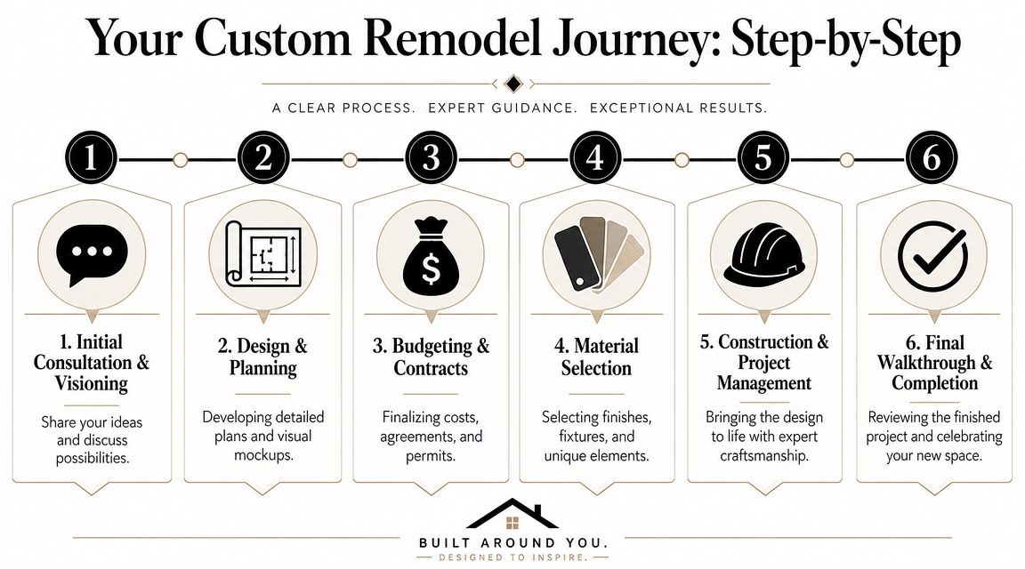 A six-step infographic detailing the professional custom home remodel journey from initial consultation to final project completion.