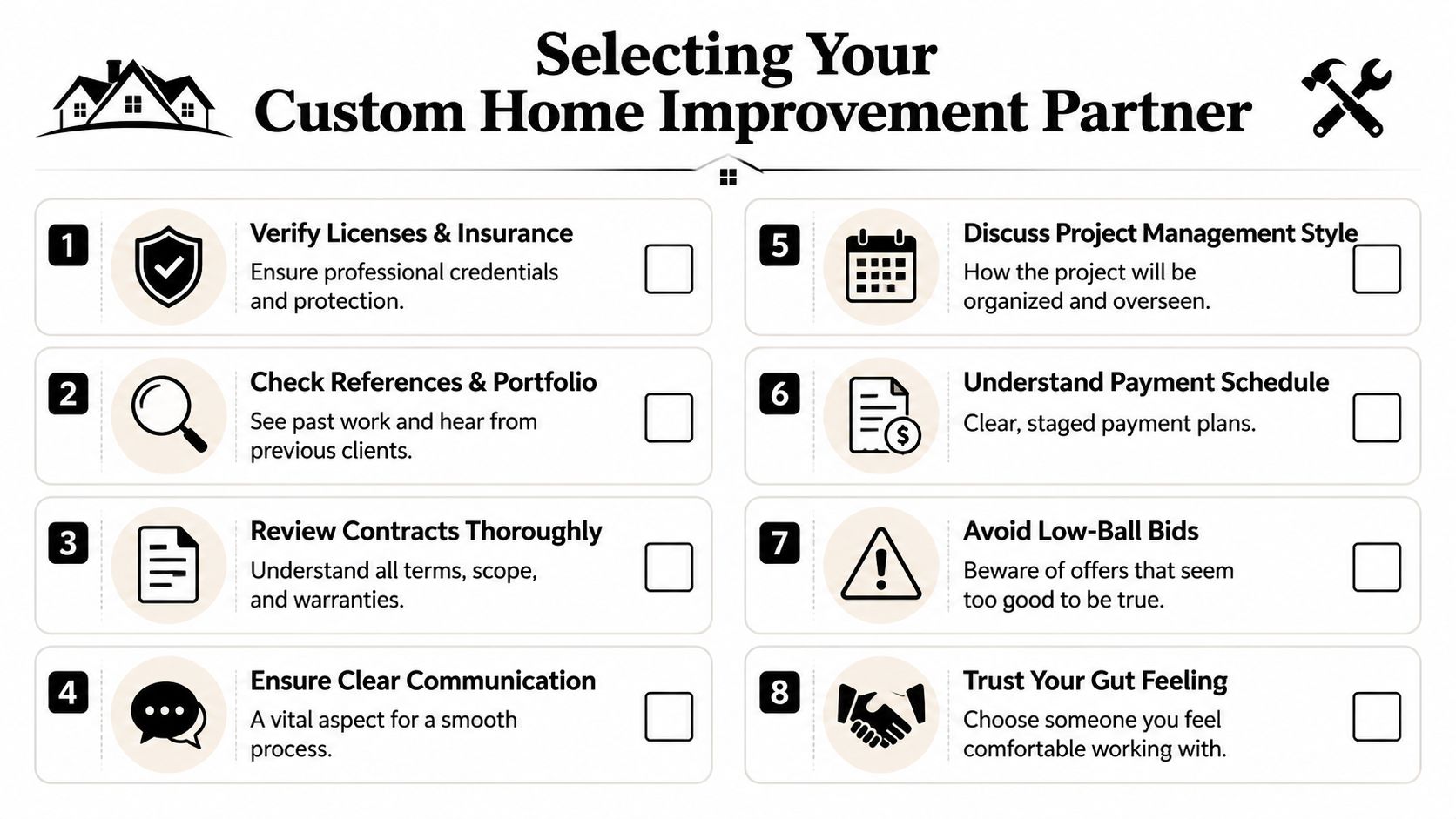 An infographic checklist with eight key steps for selecting a professional custom home improvement partner.