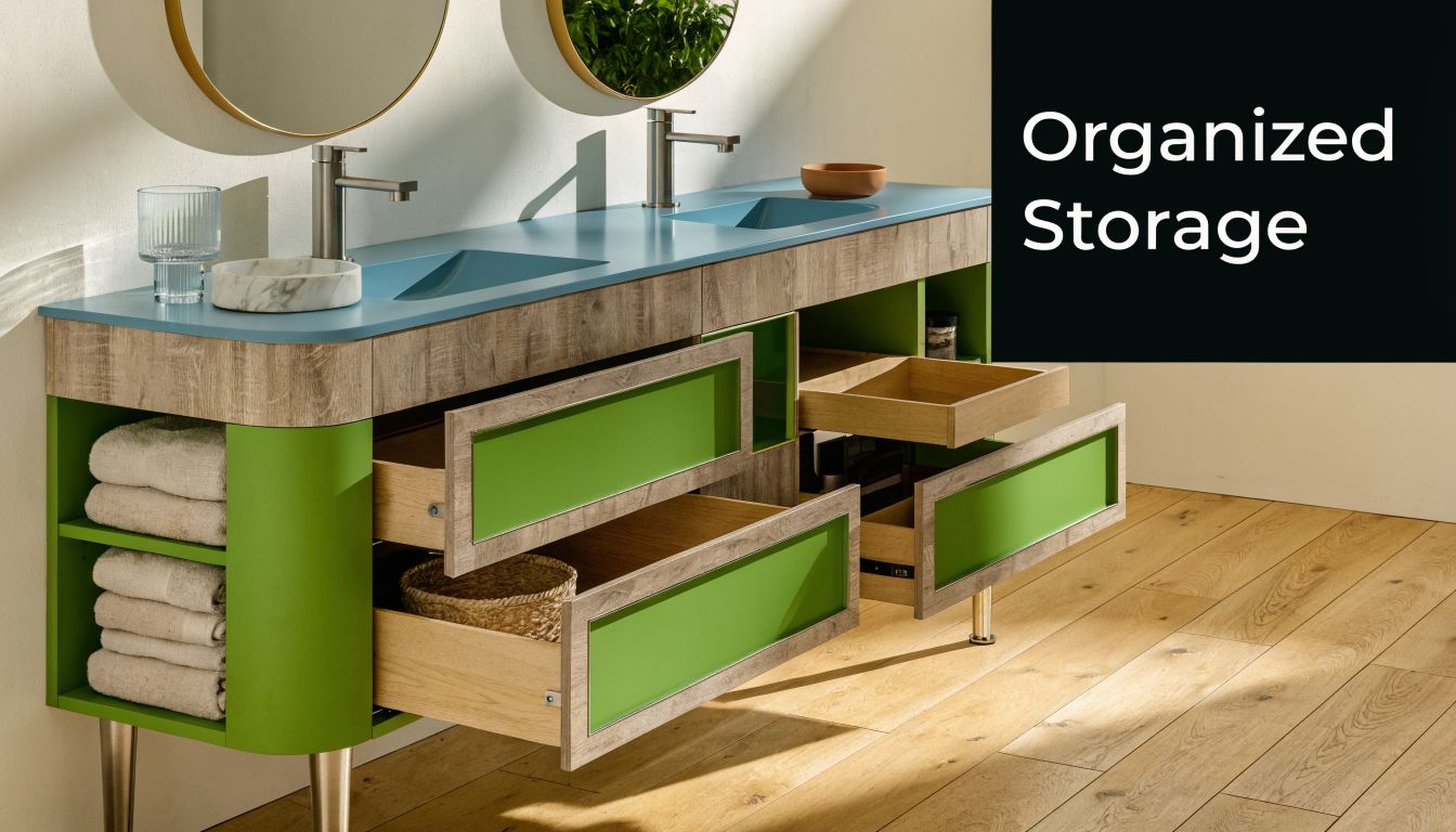 A modern double bathroom vanity with a blue countertop, green cabinet doors, and open towel storage shelves.