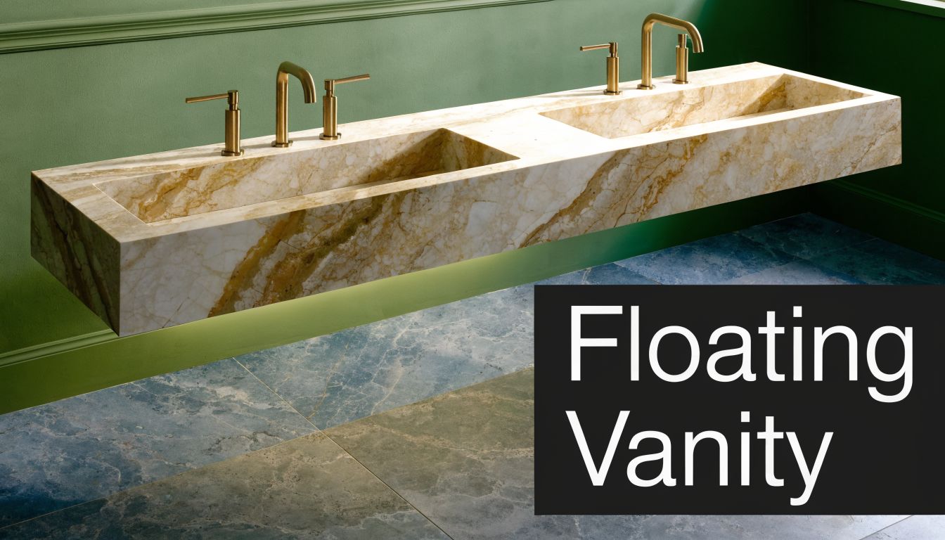 A luxurious marble floating double vanity with brass faucets mounted against a green bathroom wall.