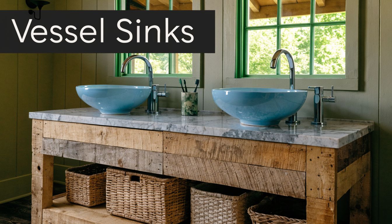 A rustic vanity features a marble countertop with two light blue vessel sinks and storage baskets.