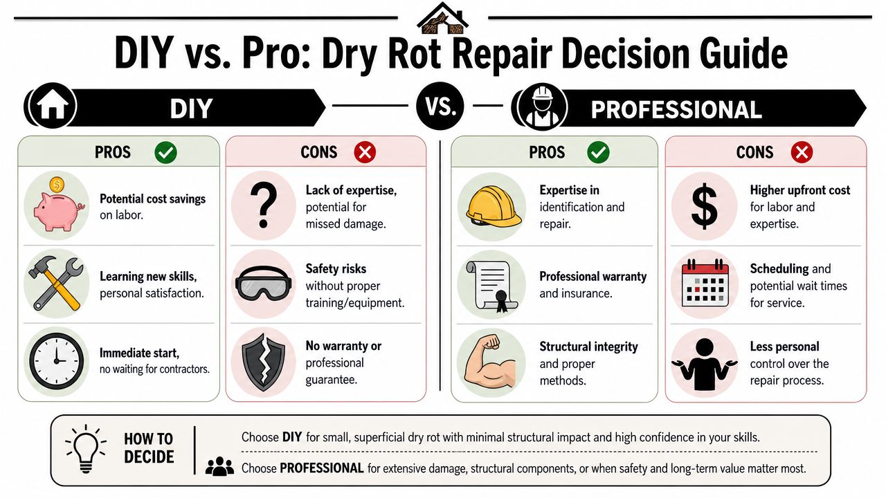 A decision guide comparing the pros and cons of DIY versus professional dry rot repair services.