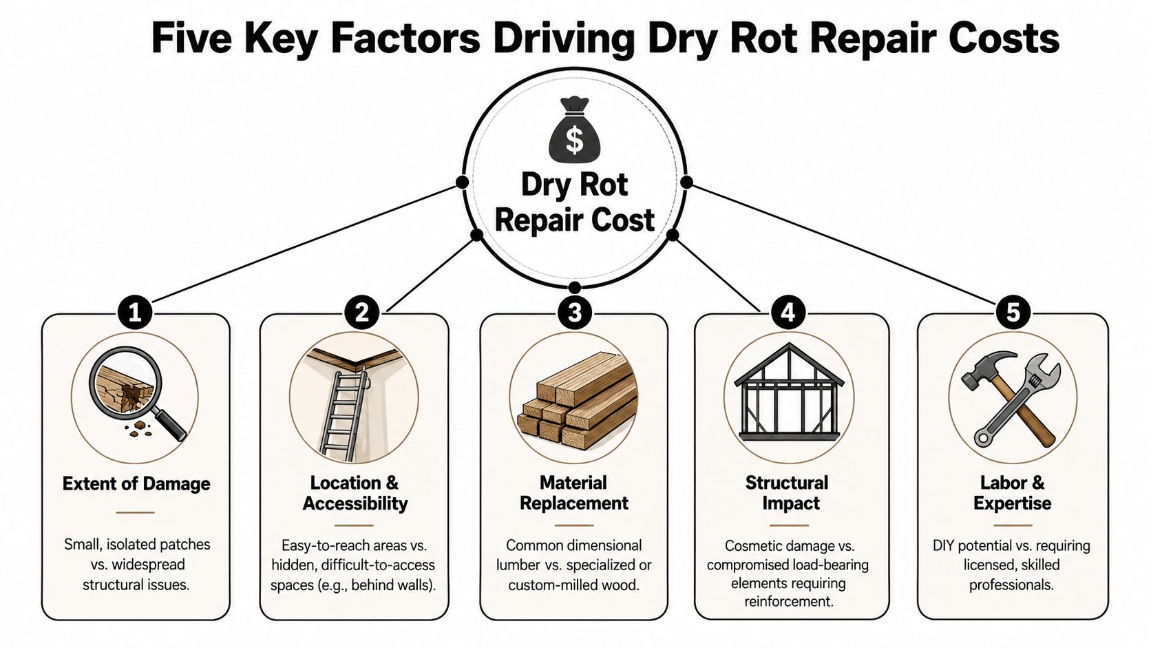 An infographic showing the five key factors that impact the overall cost of repairing dry rot.