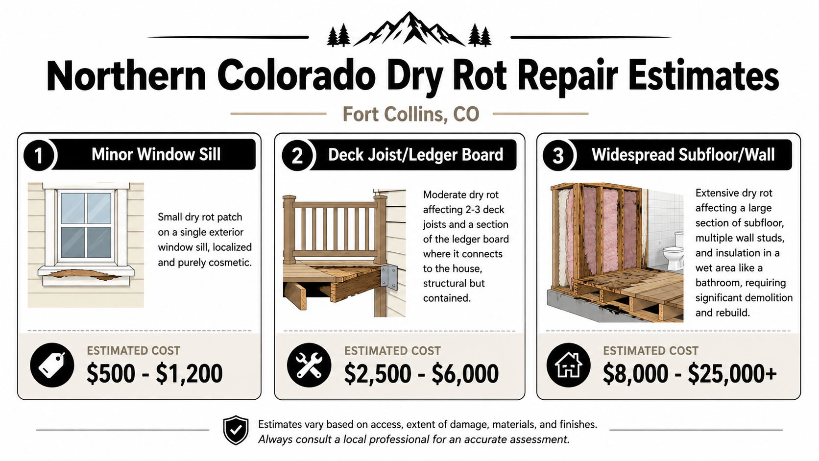 A visual guide showing estimated repair costs for dry rot damage in Northern Colorado homes.