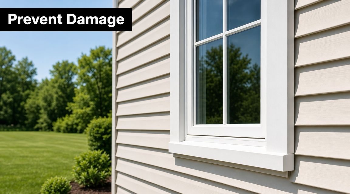 A close-up view of beige vinyl siding and a white window frame on the exterior of a house.