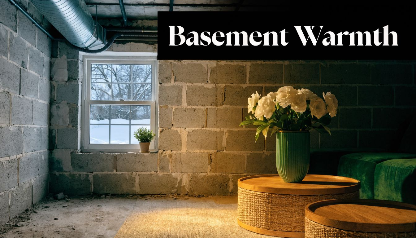 A cozy, warm-lit scene featuring a coffee table and flowers against a concrete basement block wall.