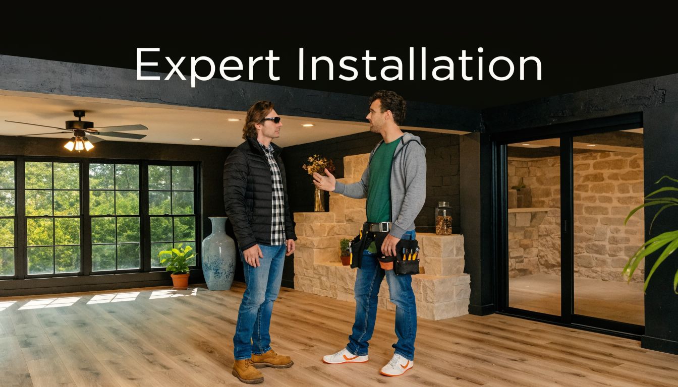 A professional contractor in a tool belt discusses flooring options with a client in a basement.