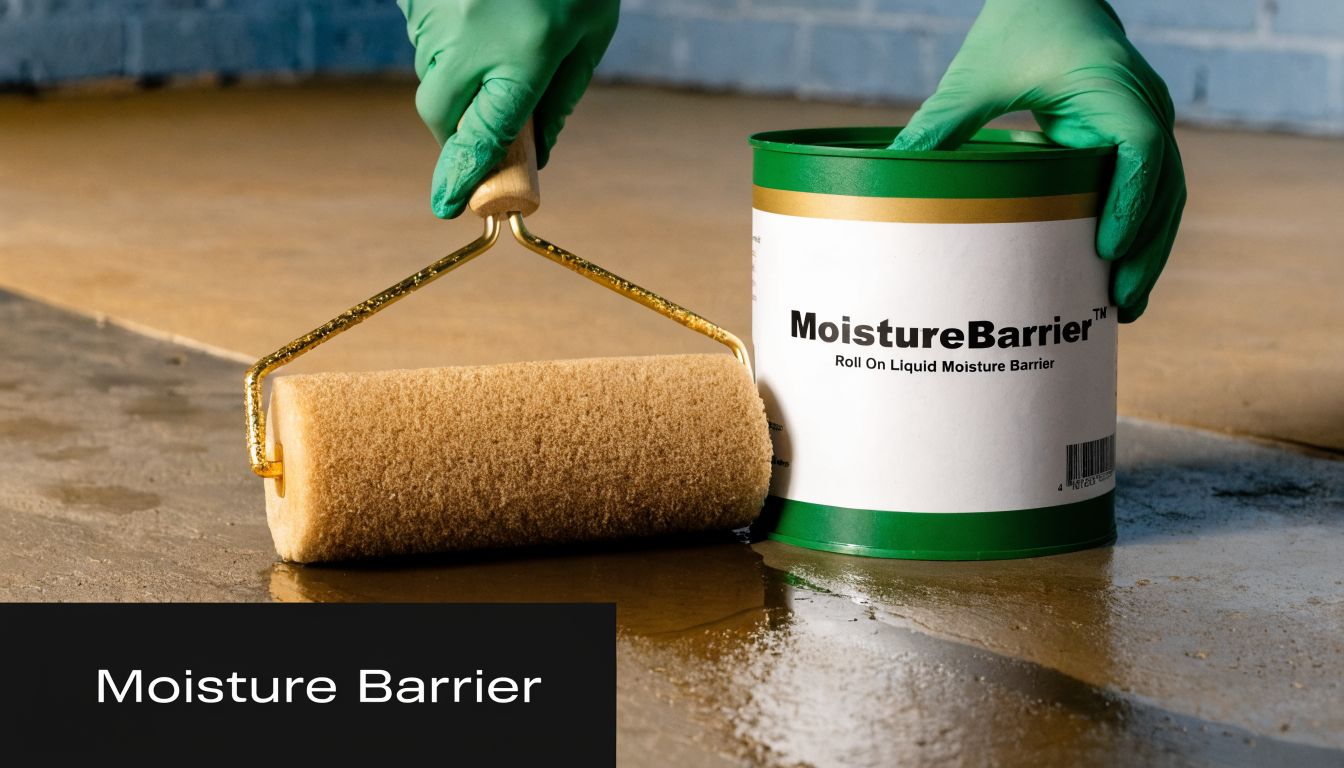 A person in green gloves applying moisture barrier liquid to a basement concrete floor using a roller.