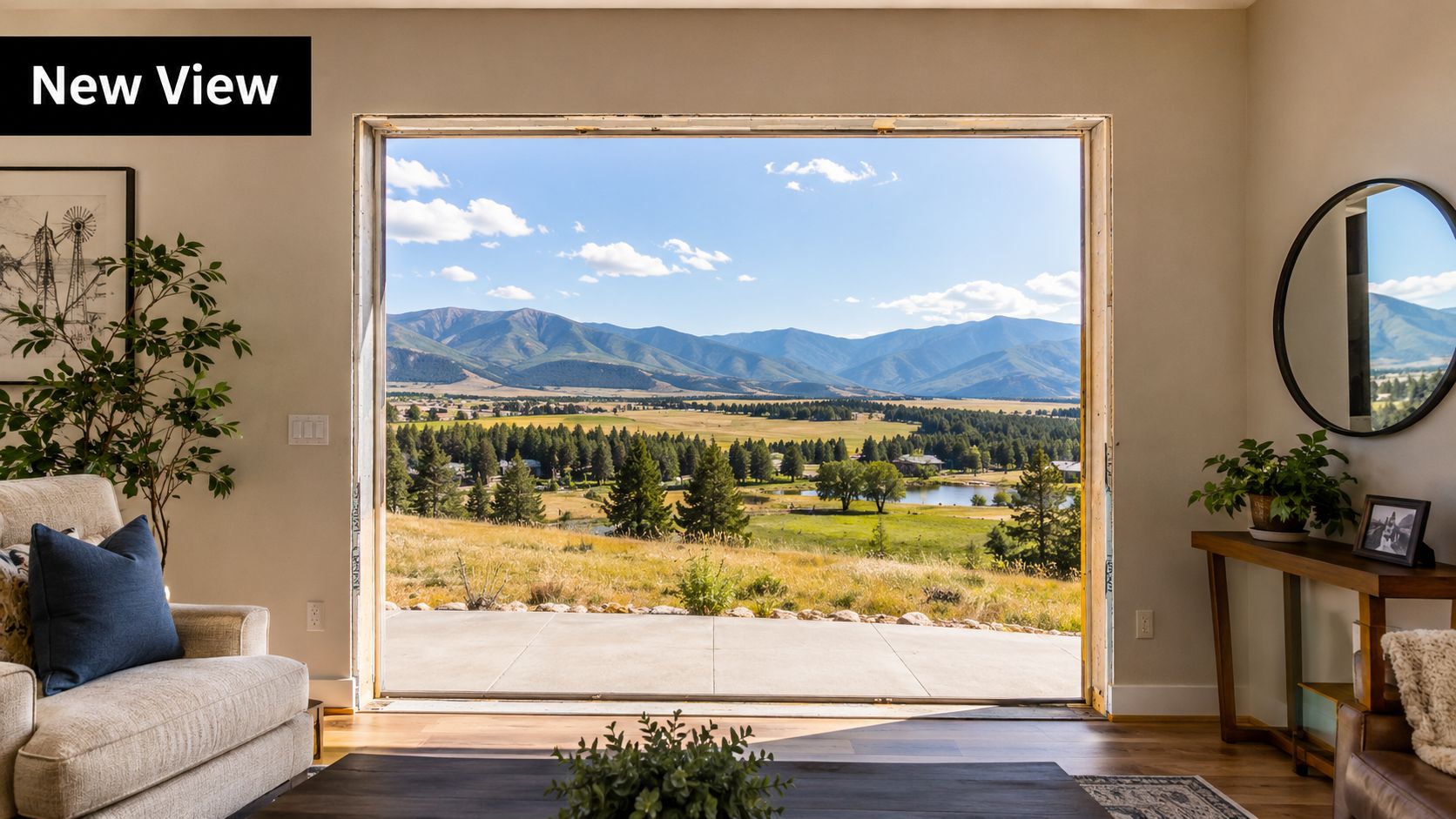 A scenic view of a mountain valley through an unfinished doorway in a bright, modern living room.