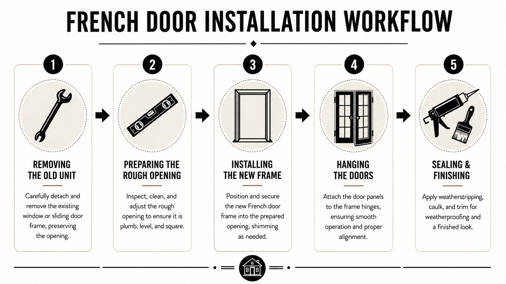 A five-step infographic illustrating the professional workflow for installing French doors in a residential home.
