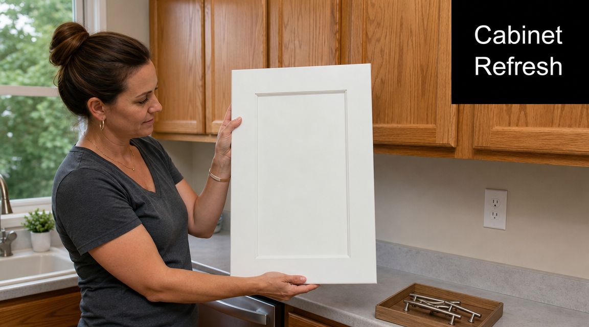 A woman holding a white cabinet door in a kitchen with oak cabinets for a renovation project.