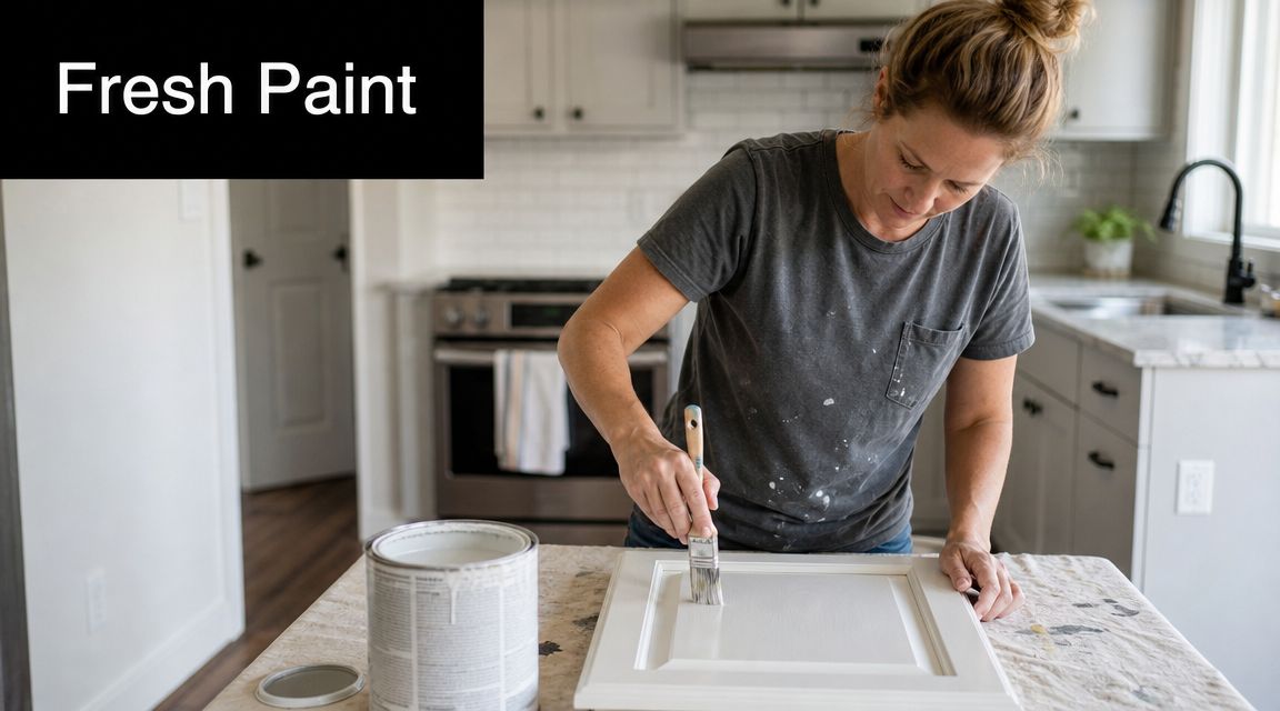 A woman wearing a paint-stained shirt brushes white paint onto a wooden cabinet door in a kitchen.