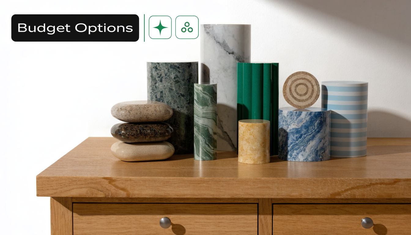 A collection of various stone, marble, and striped cylinder samples arranged on a wooden countertop.