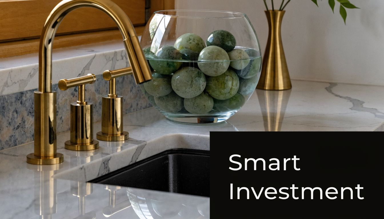 A modern kitchen sink area featuring gold fixtures, marble countertops, and a decorative bowl of green spheres.