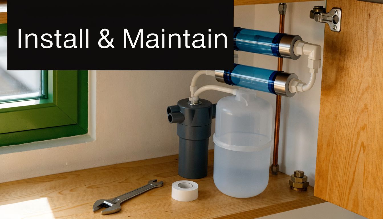 A wrench and plumbing tape sit on a shelf near an under-sink reverse osmosis water filtration system.
