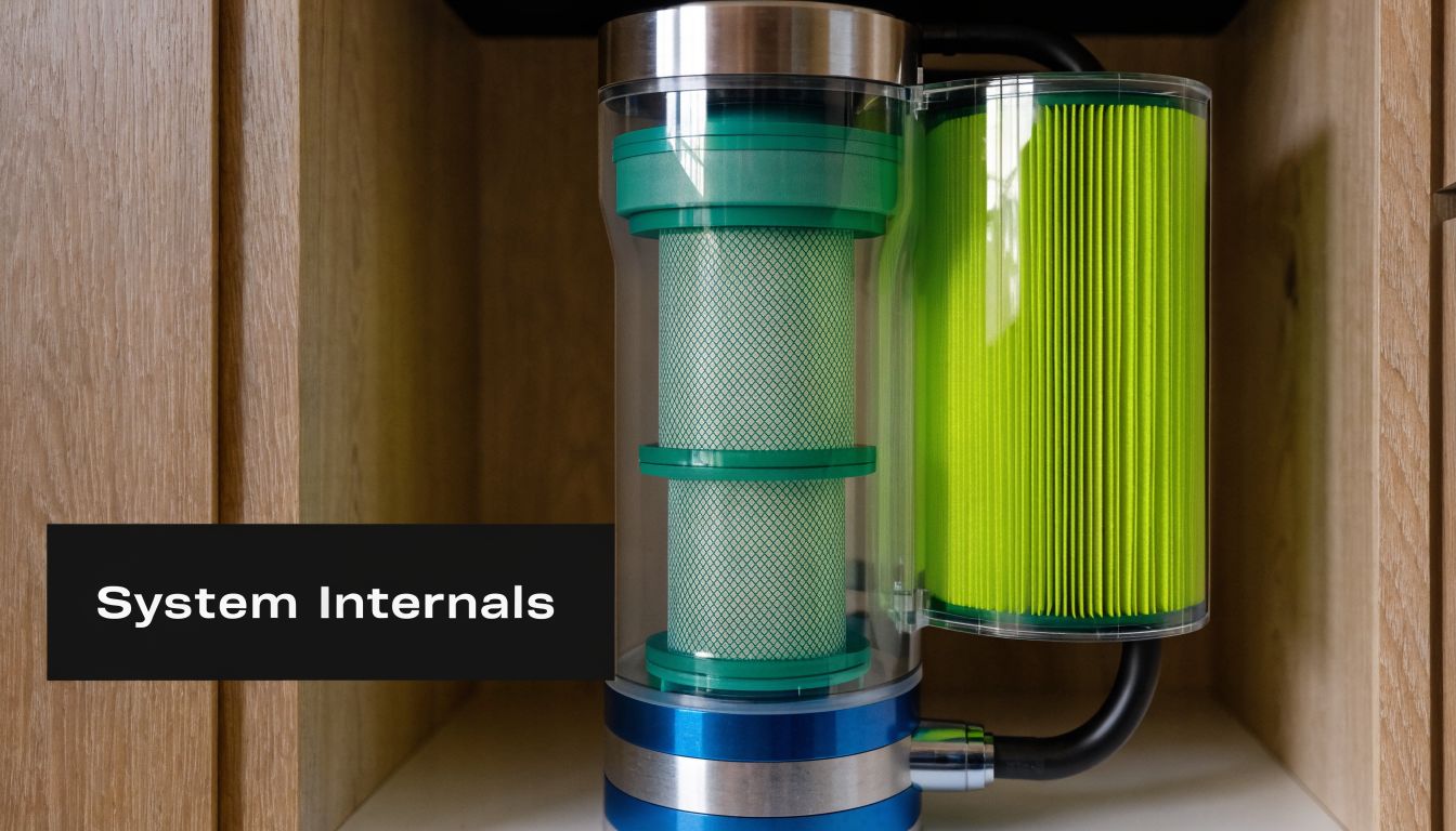 A close up view of the internal filters of a modern reverse osmosis water filtration system unit.