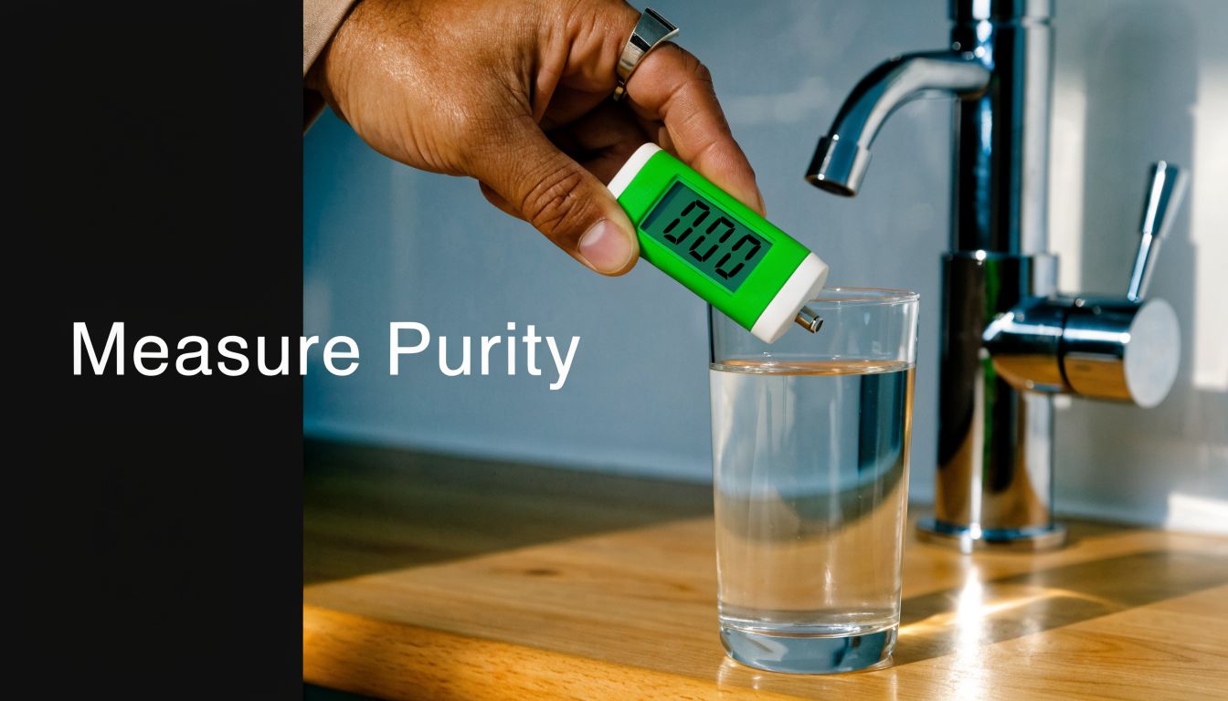 A hand holds a digital TDS water purity tester over a glass of clear tap water.