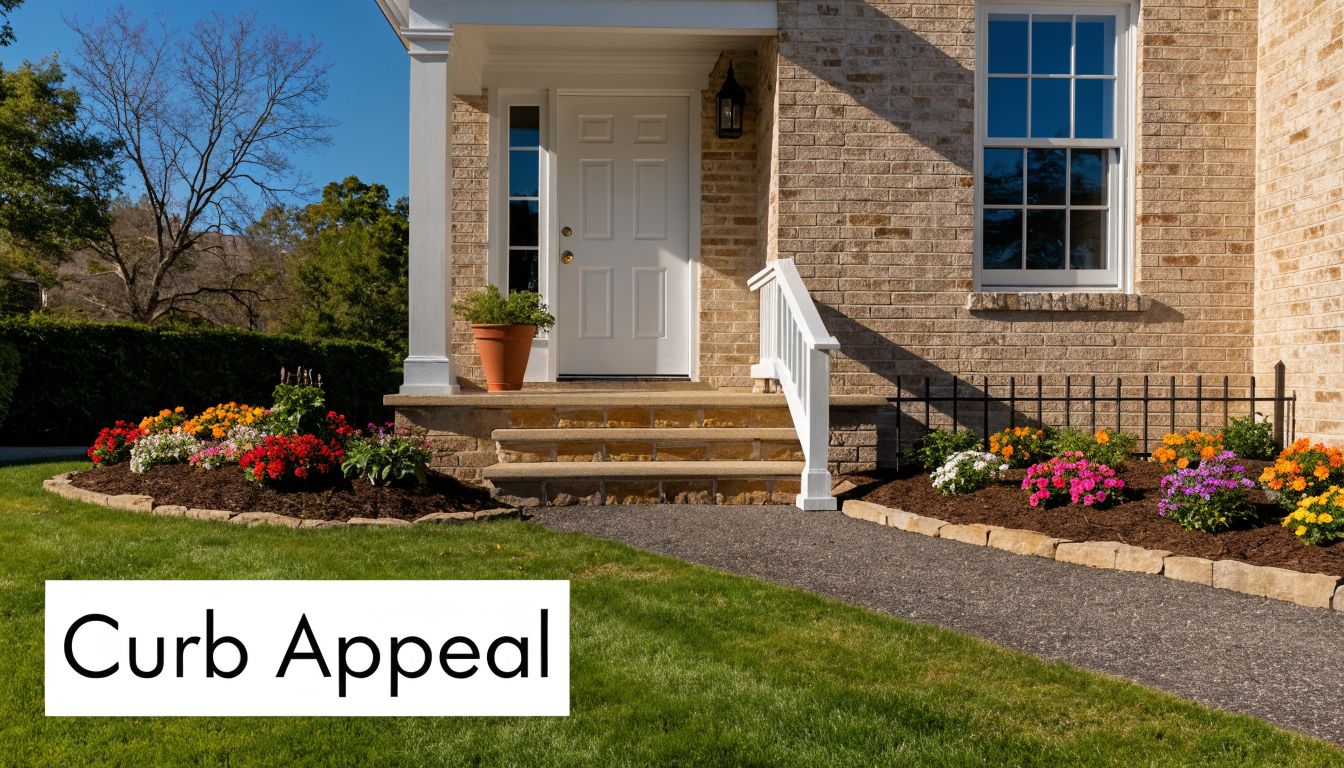 A nicely landscaped front yard featuring a white front door and colorful flowers to improve curb appeal.