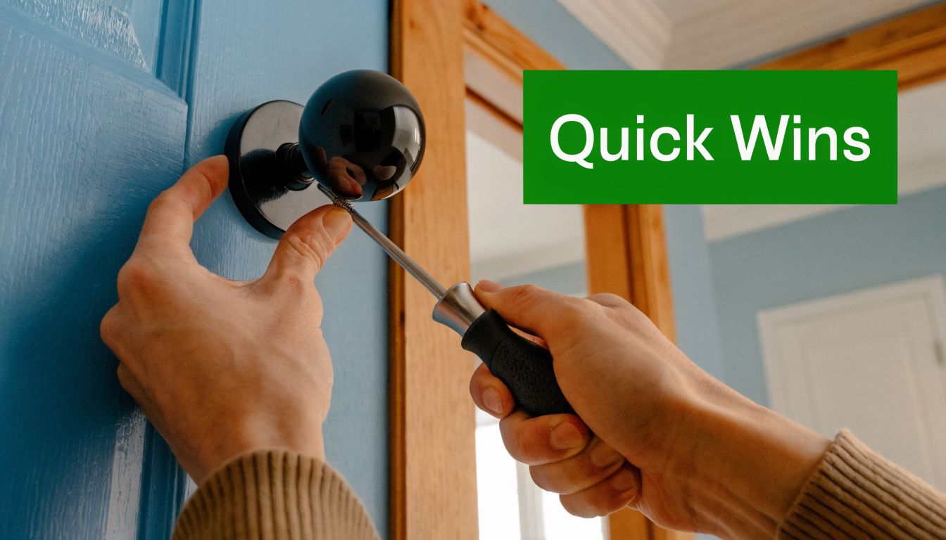 A person using a screwdriver to install or tighten a black doorknob on a blue painted door.
