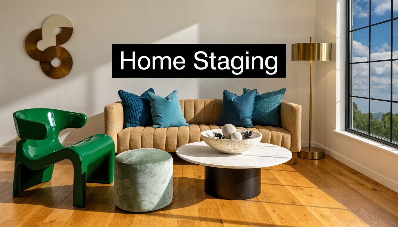 A modern, stylishly staged living room featuring a tan sofa, green chair, and circular coffee table.