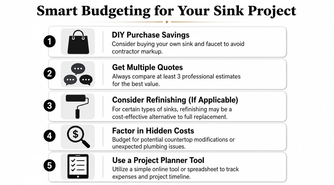 An infographic titled Smart Budgeting for Your Sink Project listing five helpful tips for saving money.
