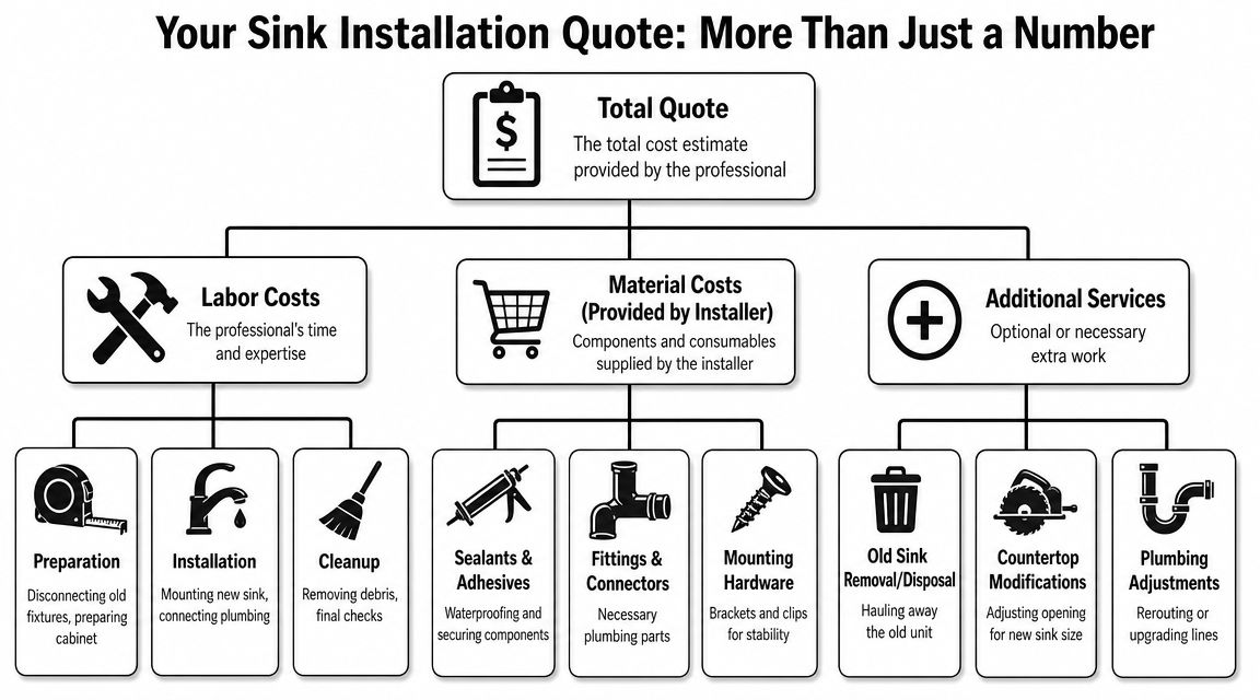 A diagram outlining the breakdown of total costs for professional kitchen sink installation and related services.