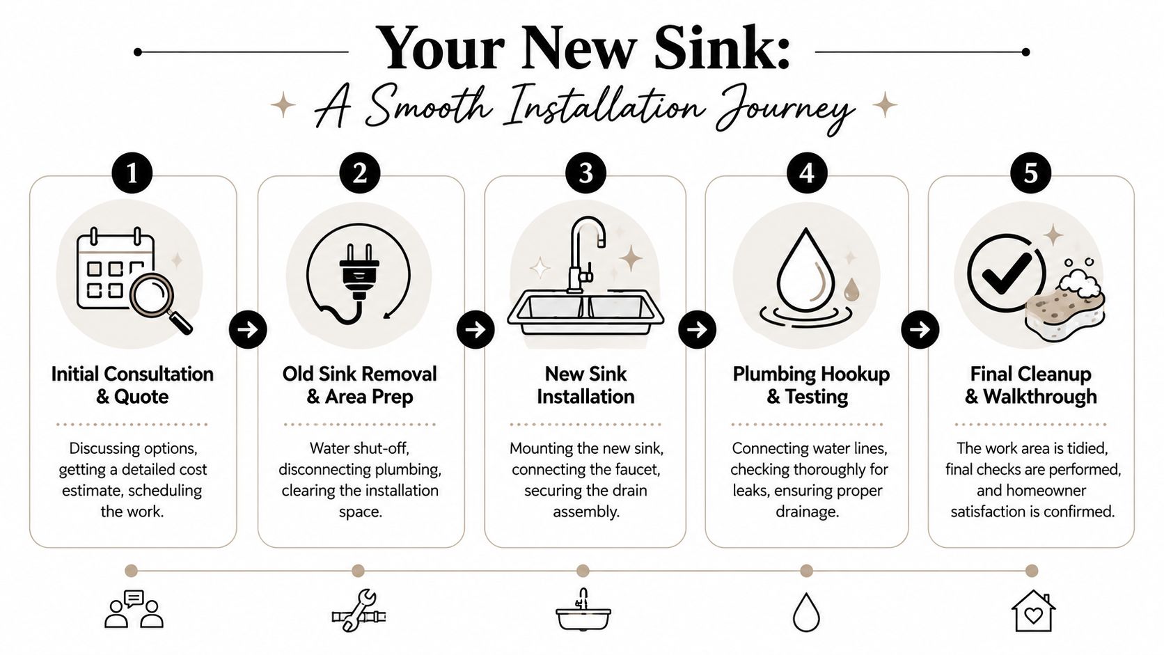 A five-step infographic showing the smooth process of professional kitchen sink installation and replacement services.