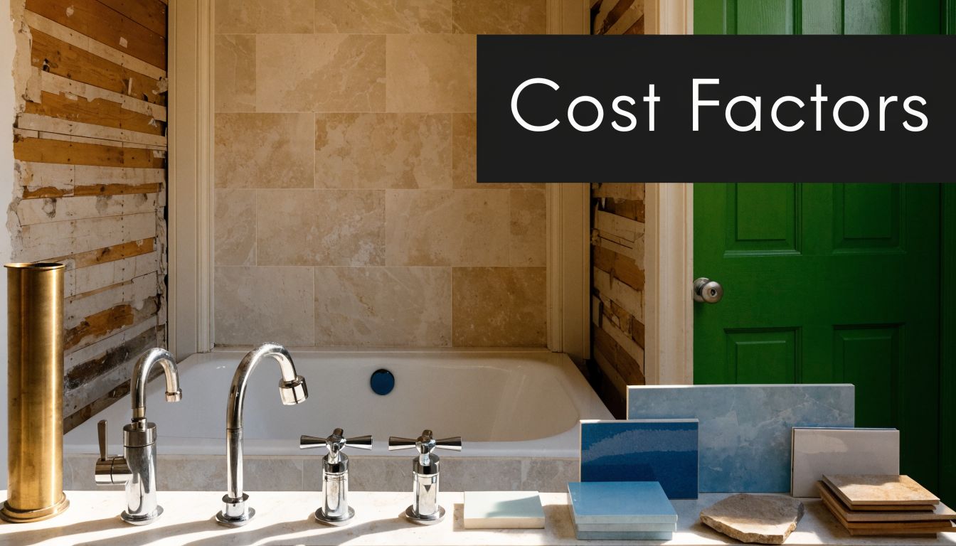 A bathroom renovation in progress featuring a new bathtub, assorted faucets, and various decorative tile samples.