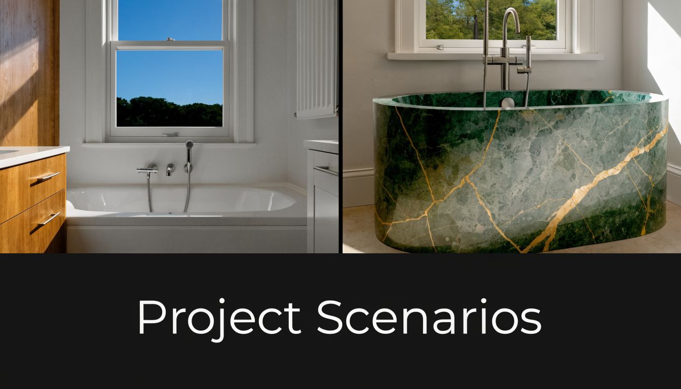 A split screen comparing a standard white bathroom tub with a luxurious green marble kintsugi bathtub.