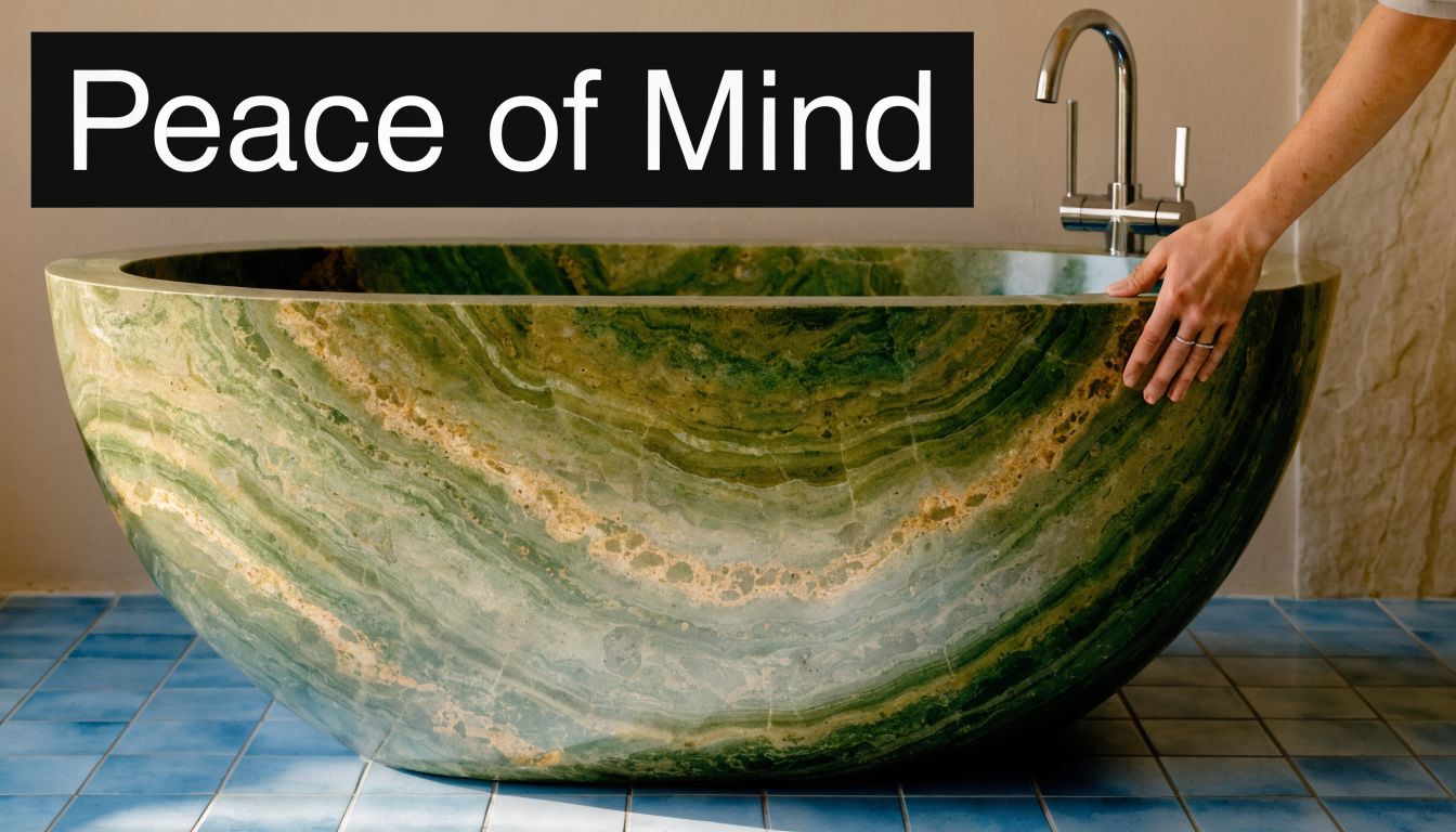 A luxurious green marble freestanding bathtub placed on blue tiles next to a modern silver faucet.