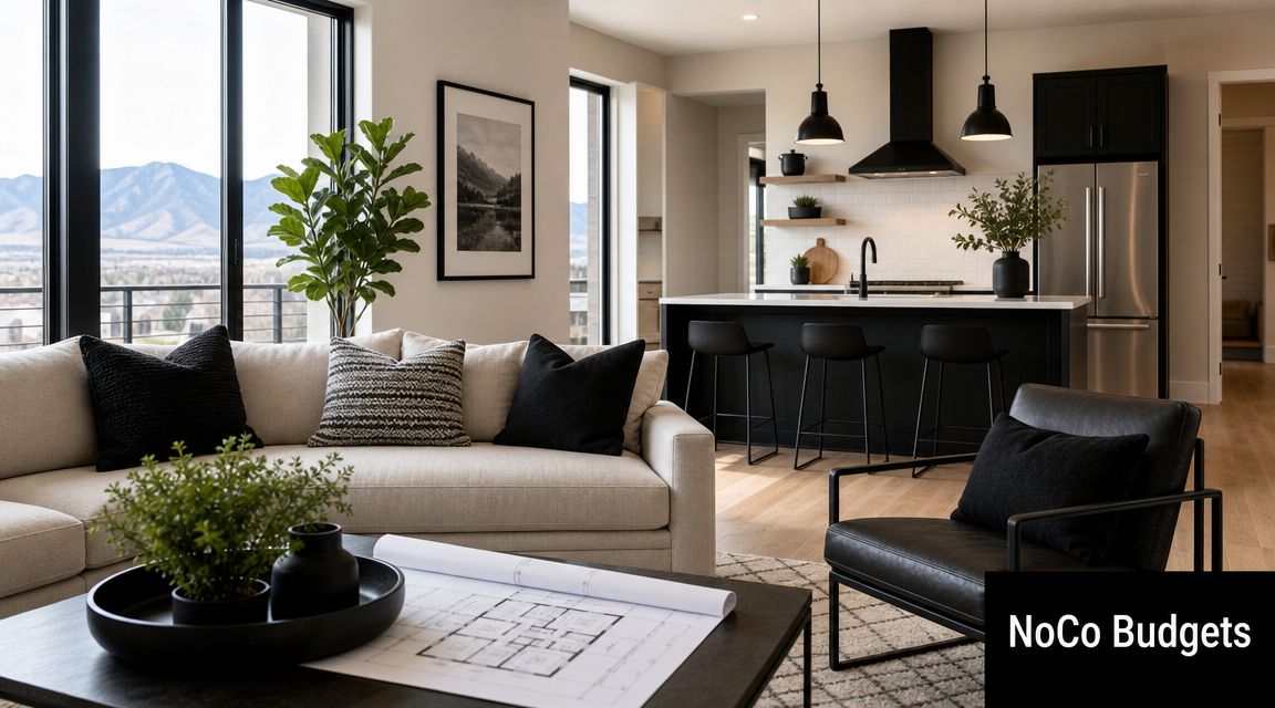 A modern open-concept kitchen and living room featuring neutral furniture, dark accents, and mountain views.