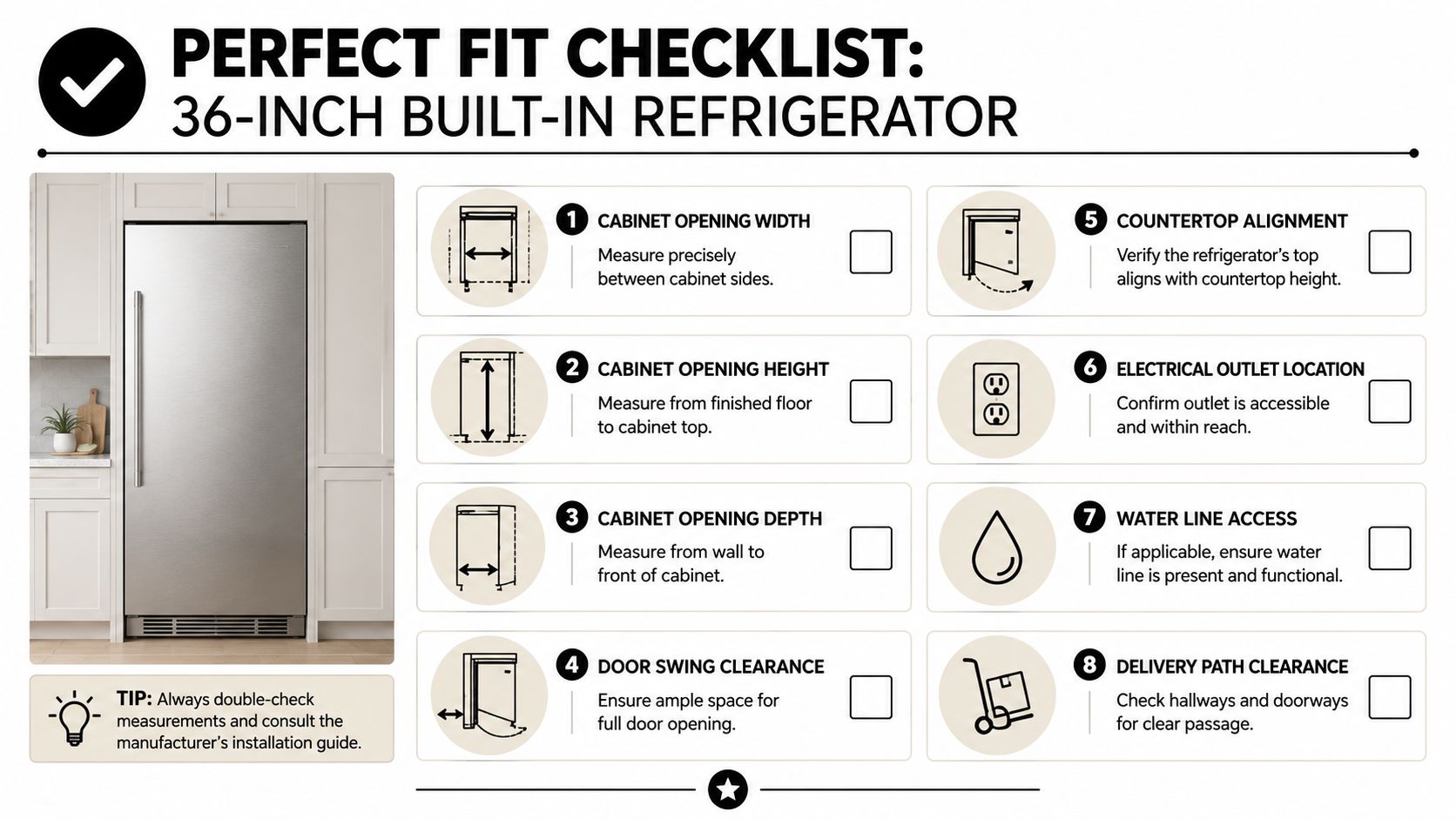A checklist for installing a 36-inch built-in refrigerator, outlining eight essential measurement and installation steps.