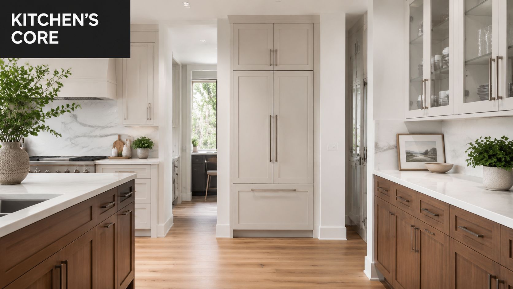A modern kitchen interior featuring wooden cabinetry, a built-in refrigerator, and marble countertops with decorative accents.