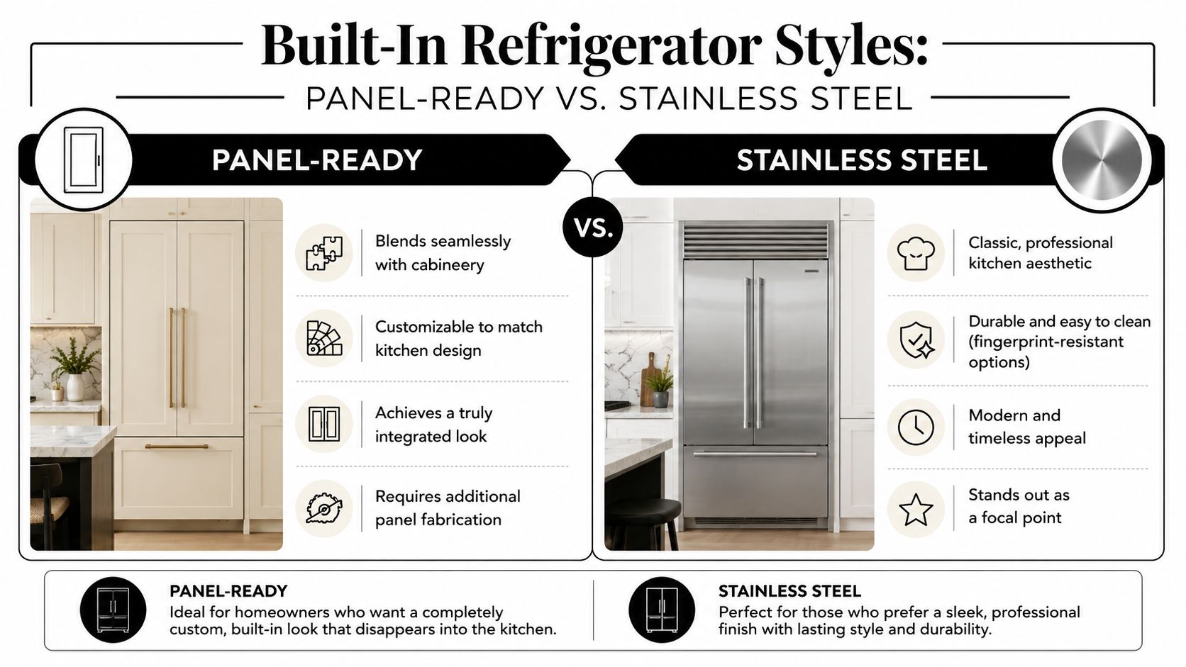 A comparison infographic between panel-ready and stainless steel built-in refrigerator styles for kitchen interior design.