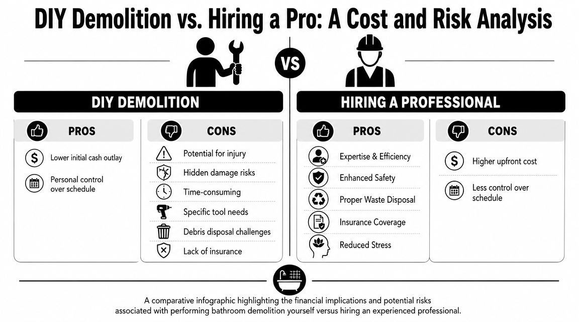A comparison chart outlining the pros and cons of DIY bathroom demolition versus hiring a professional contractor.