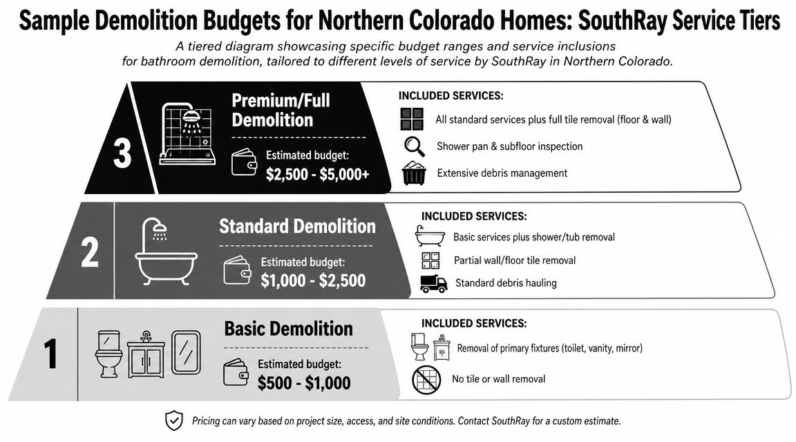 A tiered diagram showing SouthRay service levels and budget ranges for professional bathroom demolition in Northern Colorado.