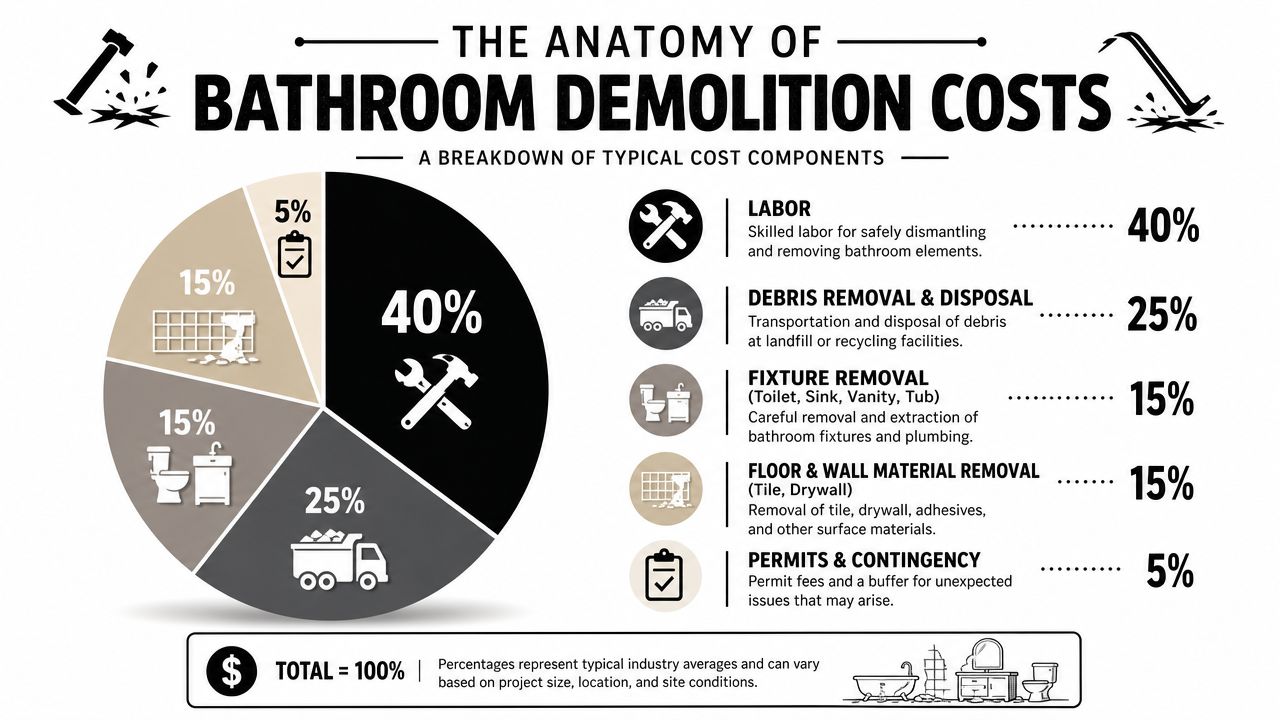 A pie chart infographic titled The Anatomy of Bathroom Demolition Costs detailing percentage breakdown of typical project expenses.