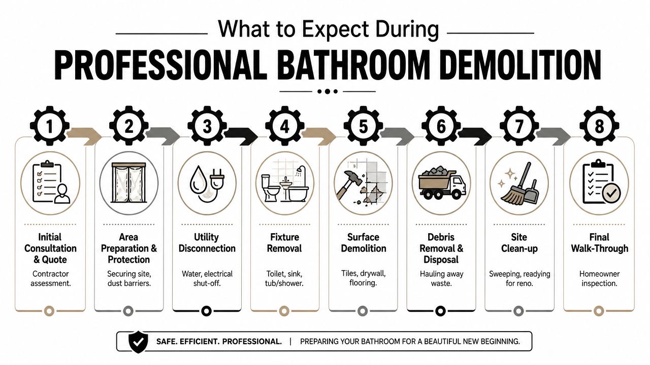 A professional infographic outlining the eight steps of a bathroom demolition process from quote to completion.