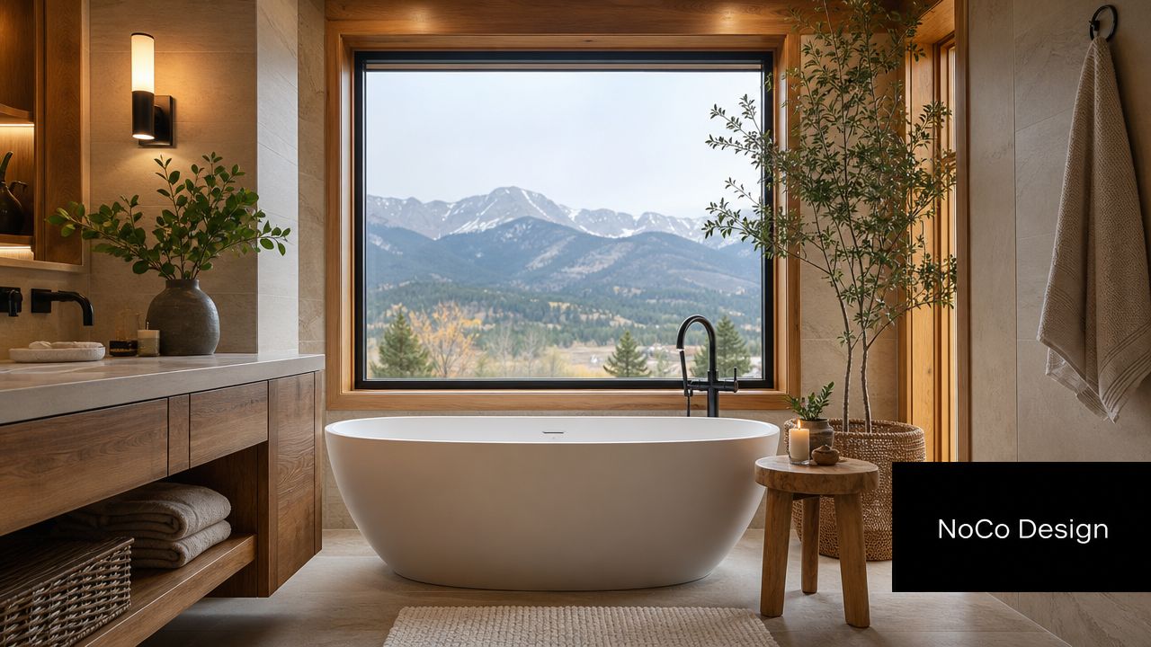 A luxurious modern bathroom featuring a freestanding tub, wooden vanity, and a scenic mountain view window.