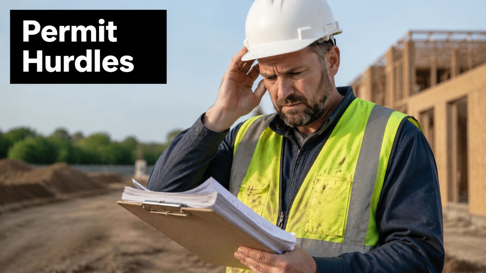 A concerned construction manager reviewing paperwork at a building site while wearing a hard hat and vest.