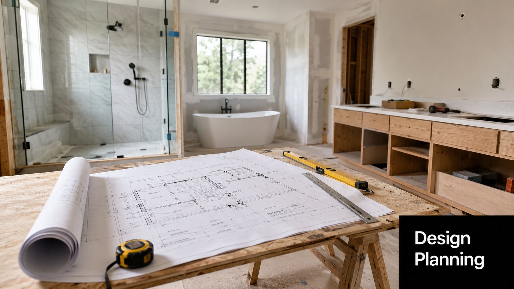 A blueprint of a bathroom renovation project laid out on a table with tools in a construction site.