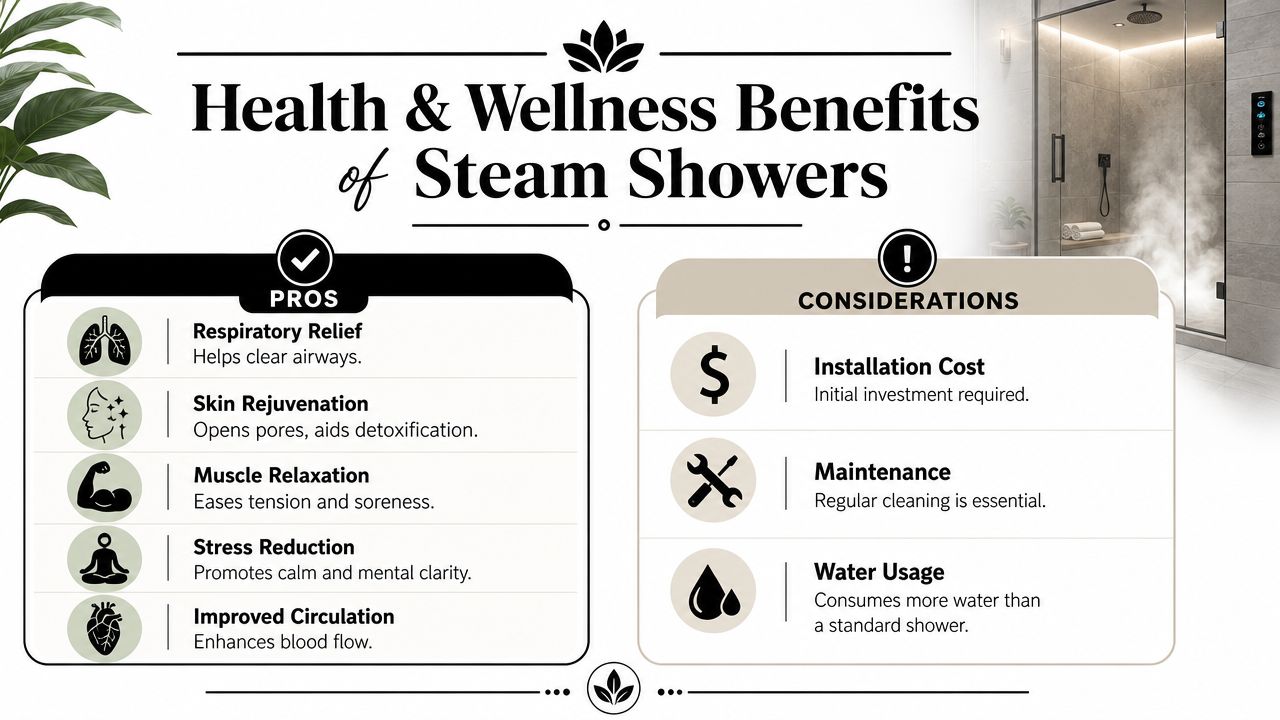 An infographic titled Health and Wellness Benefits of Steam Showers, displaying pros and considerations for installation.