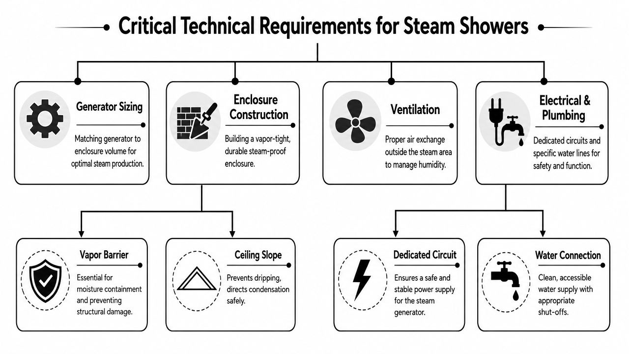 An infographic outlining the four critical technical requirements for installing a professional home steam shower system.