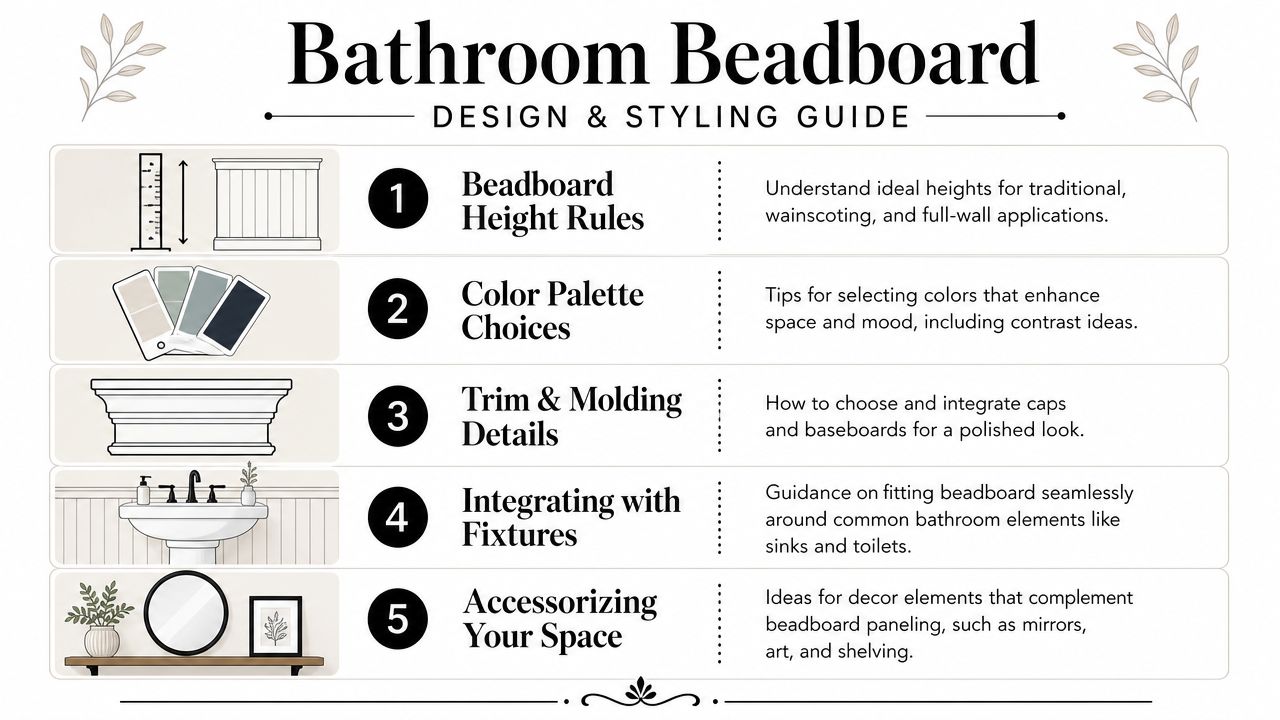 A design guide for bathroom beadboard paneling featuring five numbered steps for installation, styling, and decor.