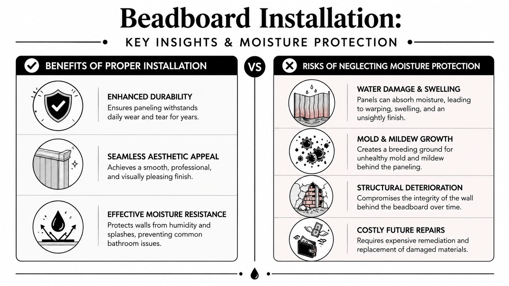 An infographic comparing the benefits of proper beadboard installation against the risks of neglecting moisture protection.