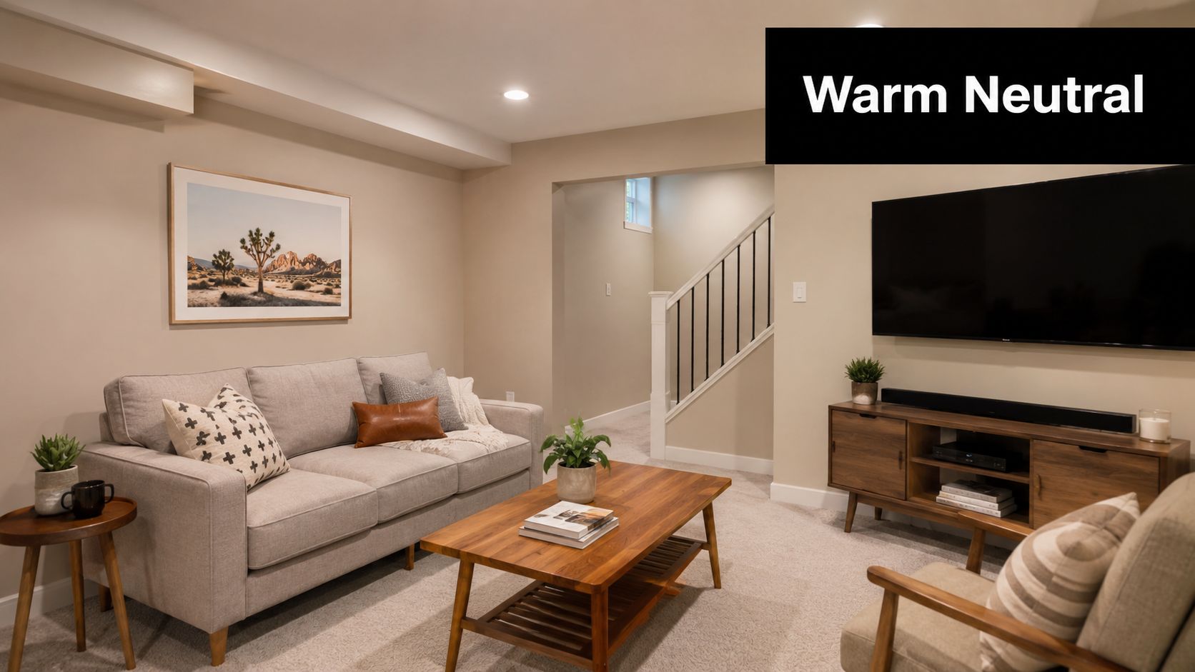 A cozy living room featuring warm neutral walls, a grey sofa, and mid-century modern wooden furniture.